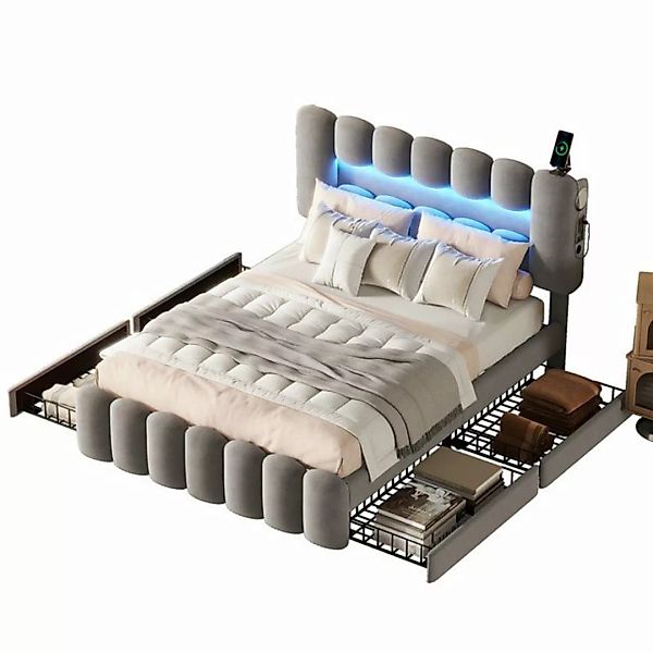 DOPWii Bett 140x200cm Polsterbett mit 4 Schubladen,LED-Lichtleiste,Dimmbar, günstig online kaufen