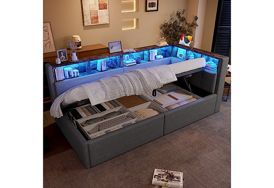 Merax Daybett 90x200cm mit hydraulischem Bettkasten, Kopfteil- & Seitenfäch günstig online kaufen