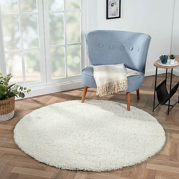 Runder Shaggy Teppich in Cremeweiß 150 cm Durchmesser günstig online kaufen