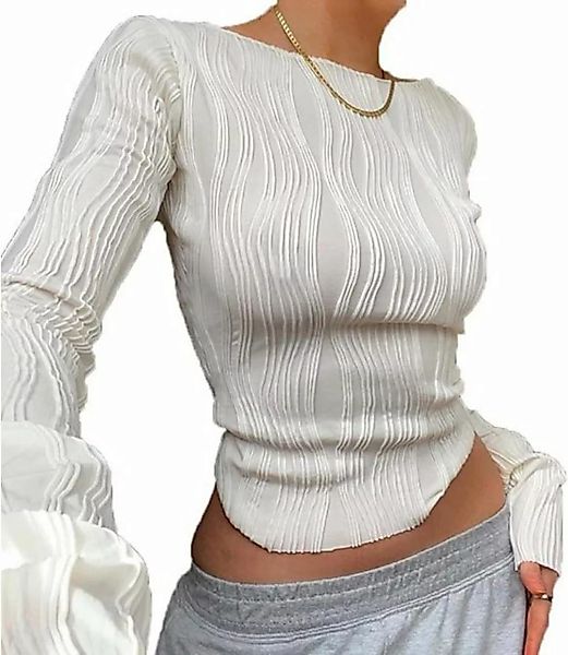 FIDDY Langarmshirt Damen Strick Langarm T-Shirt Rundhalsausschnitt Casual L günstig online kaufen