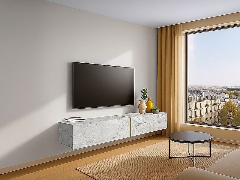 Hängender TV-Schrank mit 2 Türen – Weiße Marmor-Optik – DINOMA günstig online kaufen