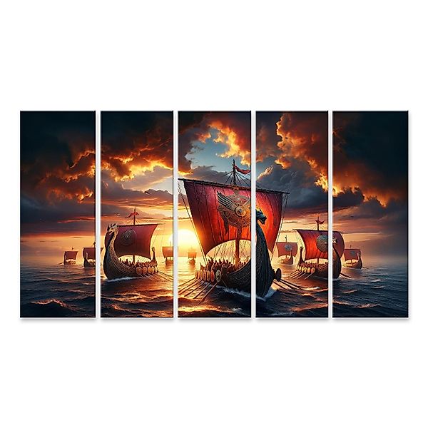 islandburner Leinwandbild Sonnenuntergangsflotte: Wikinger-Langschiffe bere günstig online kaufen