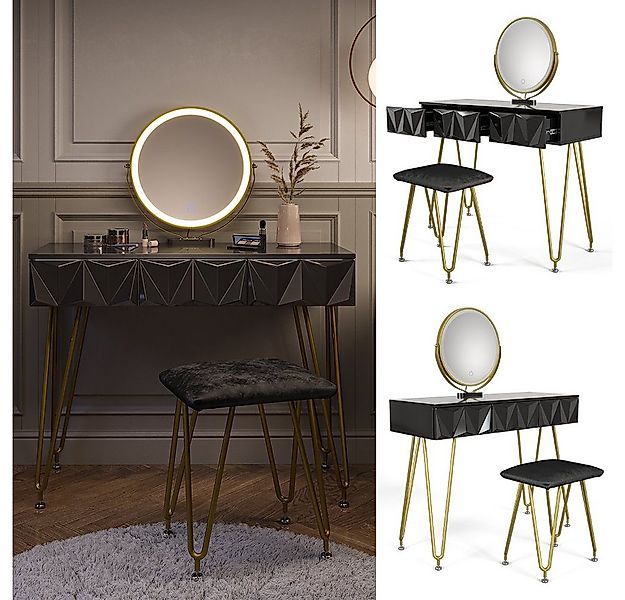 Vicco Schminktisch Ruby, Schwarz Hochglanz, 100 cm mit LED-Spiegel und Hock günstig online kaufen