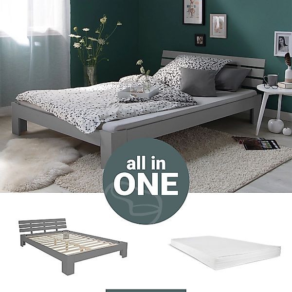 Homestyle4u Holzbett 120x200 Doppelbett Bett Grau mit Kopfteil Holz massiv günstig online kaufen