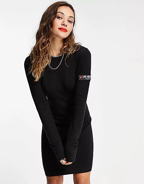 Love Moschino – Langärmliges Bodycon-Kleid mit Abito-Aufnäher-Druck-Schwarz günstig online kaufen