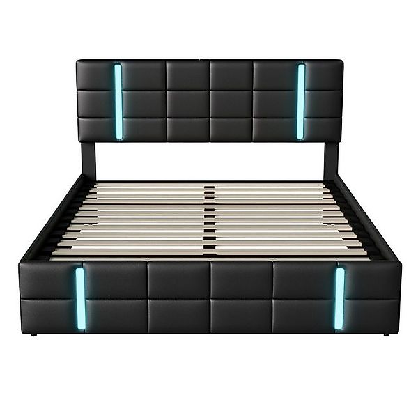 Furnishings Home Polsterbett Schwarz PU Doppelbett mit Stauraum + LED + USB günstig online kaufen