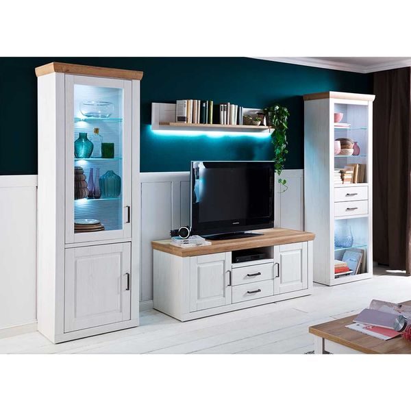 Landhausstil Anbauwand 210 cm hoch Weiß und Eiche Optik (vierteilig) günstig online kaufen