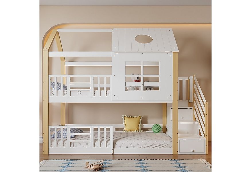 Flieks Etagenbett, Massivholz Hausbett Kinderbett 90x200cm mit Stauraumtrep günstig online kaufen