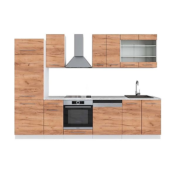 Vicco Fame-Line Küchenzeile Goldkraft Eiche/Weiß 300 cm AP Marmor ohne E-Ge günstig online kaufen