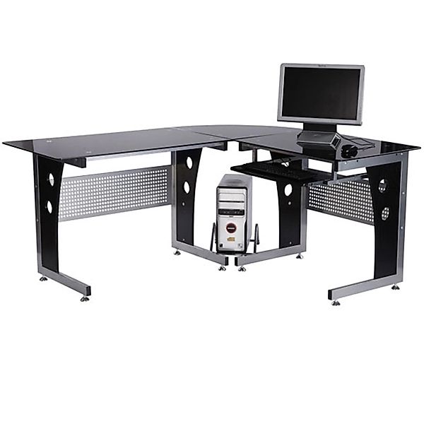 HOMCOM Computertisch MDF Eisen Gehärtetes Glas Schwarz 164L x 139B x 75H cm günstig online kaufen
