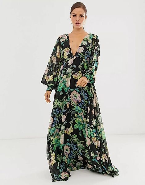 ASOS EDITION – Madikleid mit Blouson-Ärmeln um Blumenmuster-Mehrfarbig günstig online kaufen