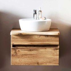 Landhaus Waschtisch mit Aufsatzbecken Platte in Baumkanten Optik Wildeiche günstig online kaufen