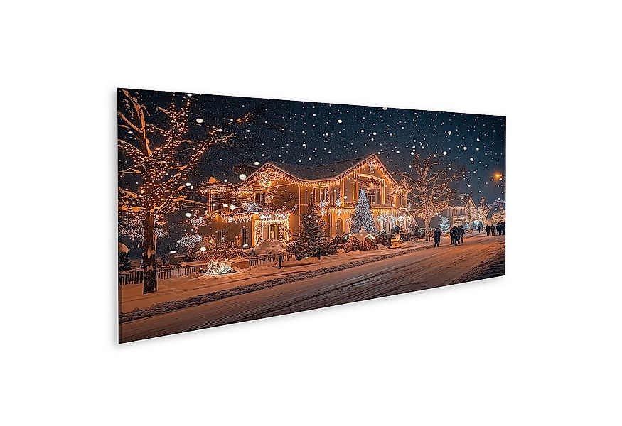 islandburner Leinwandbild Verschneite Weihnachtsstraße mit Beleuchtung günstig online kaufen
