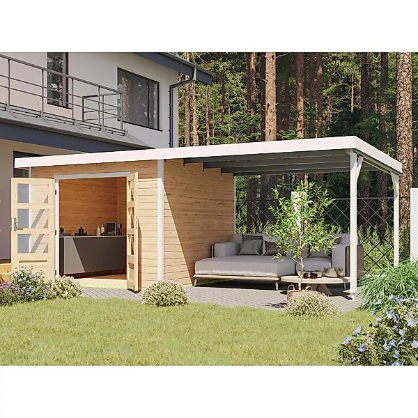 Karibu Gartenhaus Set Domingo A Naturbelassen-Weiß mit Anbaudach 7 m² günstig online kaufen