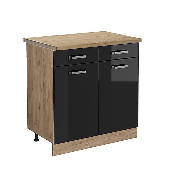 Vicco Küchenunterschrank R-Line Schwarz Hochglanz/Goldkraft Eiche 80 cm AP günstig online kaufen