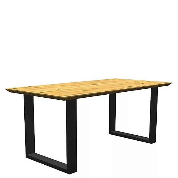 Tisch aus Massivholz und Metall mit Schweizer Kante Bügelgestell günstig online kaufen