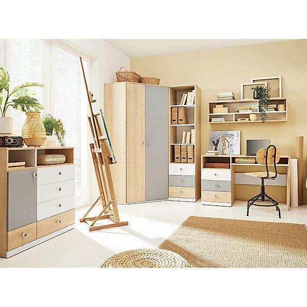 Jugendzimmer Set in Eiche mit weiß und grau PINETO-133, 5-teilig inkl. Schr günstig online kaufen