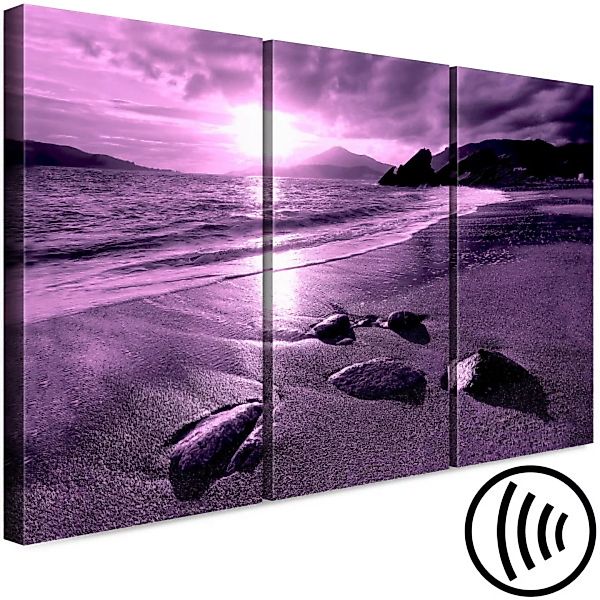Bild auf Leinwand Lila Sonnenuntergang - Triptychon mit Strand, Meer und Be günstig online kaufen