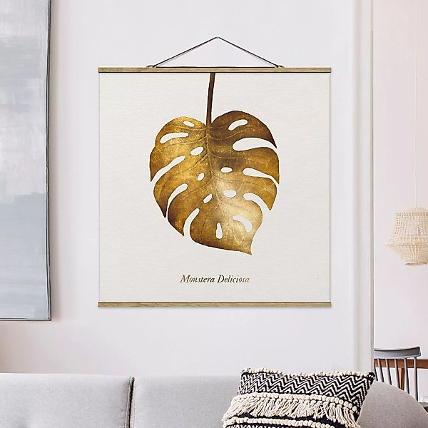 Stoffbild Blumen mit Posterleisten - Quadrat Gold - Monstera günstig online kaufen
