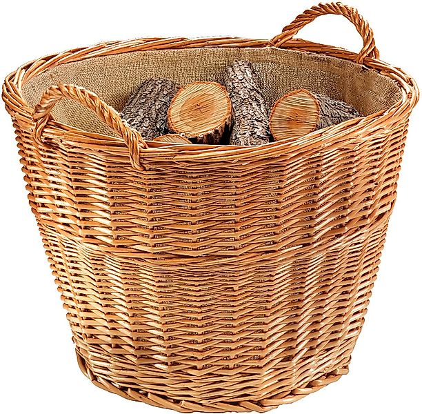Kobolo Kaminholzkorb Holztrage rund gekochte Weide mit Leinenstoff günstig online kaufen