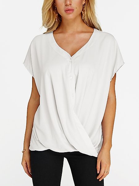 Weiß gekreuzte Front Design V-Ausschnitt Kurzarm Bluse günstig online kaufen