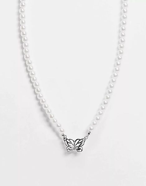 ASOS DESIGN – Silberfarbene Halskette in Perloptik mit Schmetterlingsanhäng günstig online kaufen