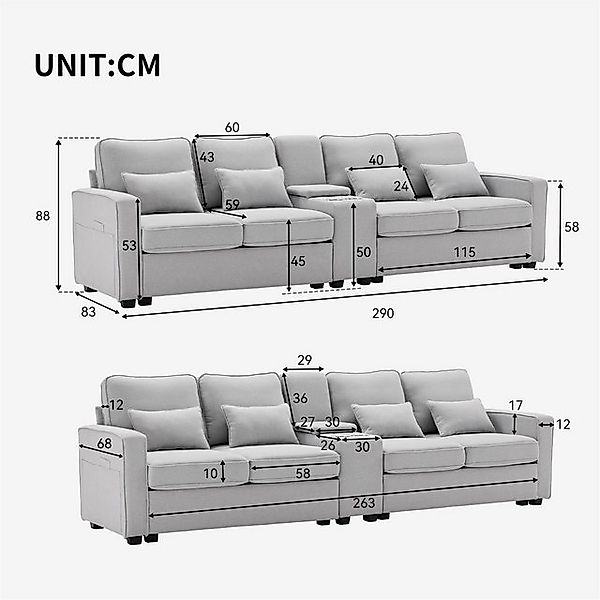 Rhein Beleuchtung Big-Sofa Modernes 4-Sitzer Sofa aus Leinenstoff mit Konso günstig online kaufen