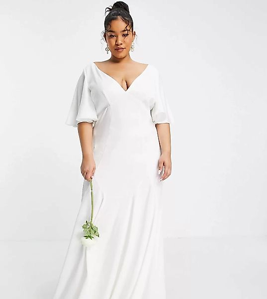 ASOS EDITION Curve – Serenity – Brautkleid aus Satin mit Flatterärmeln-Weiß günstig online kaufen
