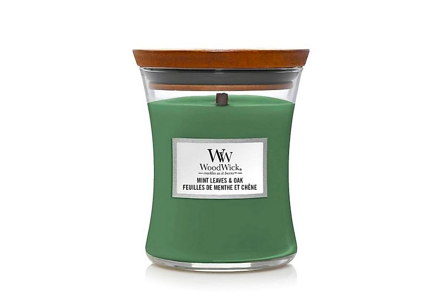 Woodwick Duftkerze Mint Leaves & Oak im mittelgroßen Sanduhr Glas mit Decke günstig online kaufen