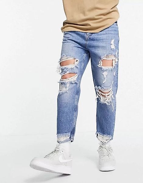 Pull&Bear – Zerrissene Jeans in Dunkelblau mit lässigem Schnitt günstig online kaufen