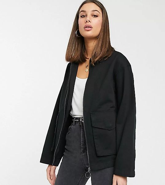 ASOS DESIGN Tall – Hemdjacke aus Baumwolle mit Taschen in Schwarz günstig online kaufen