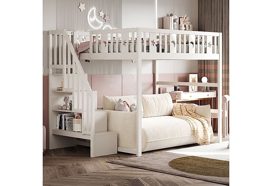 Flieks Hochbett Kinderbett 140x200cm mit Stauraumtreppe, Rausfallschutz und günstig online kaufen