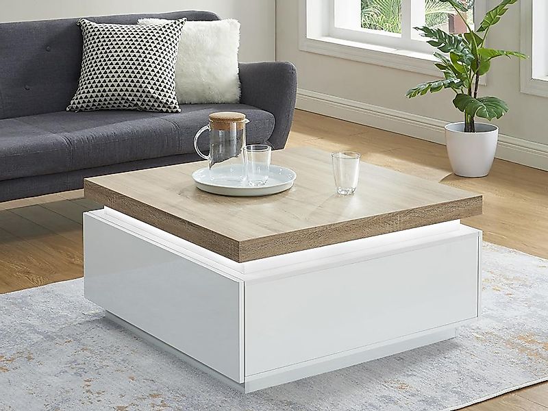 Couchtisch mit 2 Schubladen & LEDs - MDF lackiert - Weiß & Eichefarben - HA günstig online kaufen