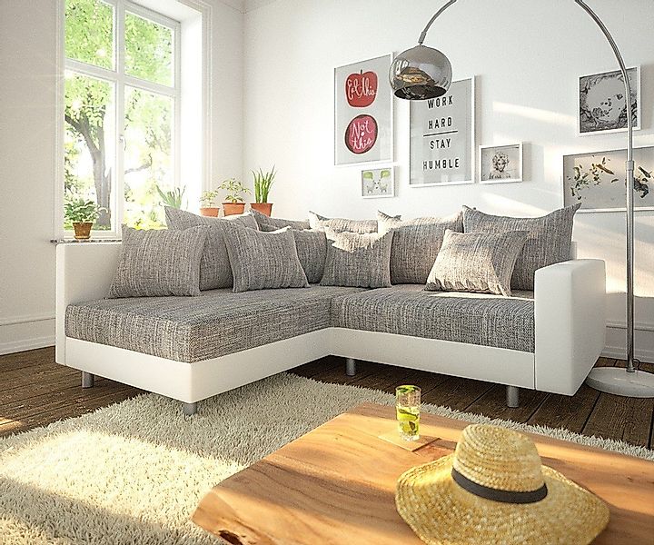 DELIFE Ecksofa Clovis, Weiss Hellgrau Armlehne günstig online kaufen