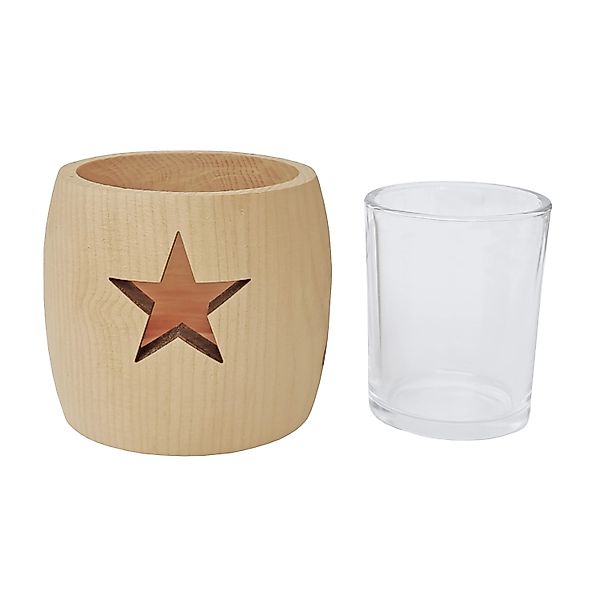 Erst-Holz Zirben Teelichthalter mit Glas und Ausschnitt Stern günstig online kaufen