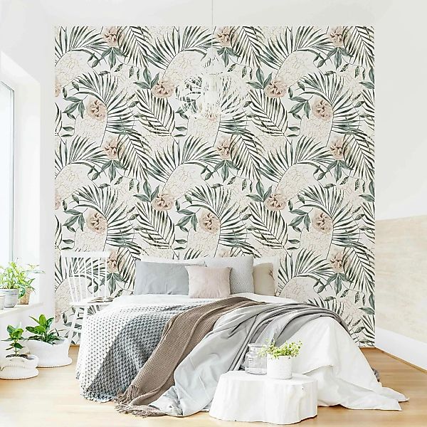 Fototapete Tropische Palmenbögen mit Rosen Aquarell günstig online kaufen