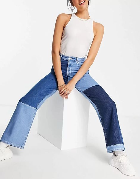 New Look – Patchwork-Jeans in Mittelblau mit weitem Bein günstig online kaufen