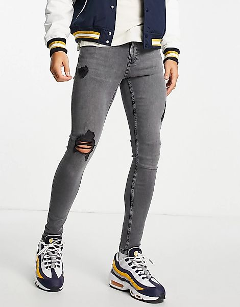 Topman – Extrem hautenge Jeans mit Zierrissen in Grau günstig online kaufen