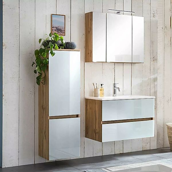 Badezimmer Kombi in Weiß und Wildeiche Optik 120 cm breit (dreiteilig) günstig online kaufen