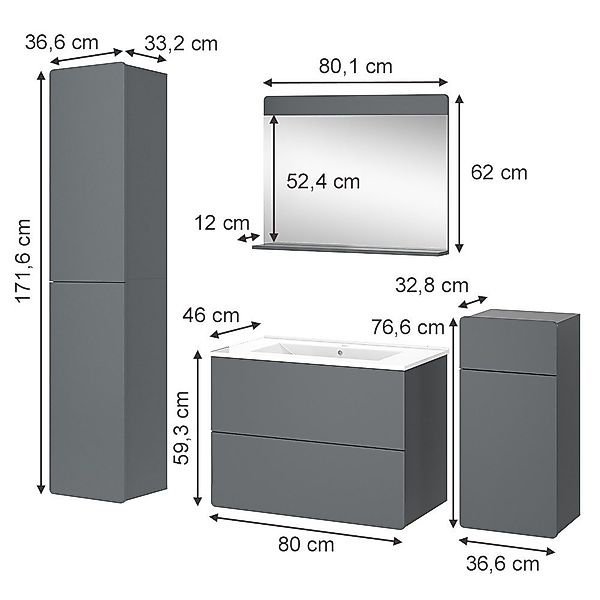 Vicco Badmöbel-Set Izan, Grau, 5 Teile, günstig online kaufen