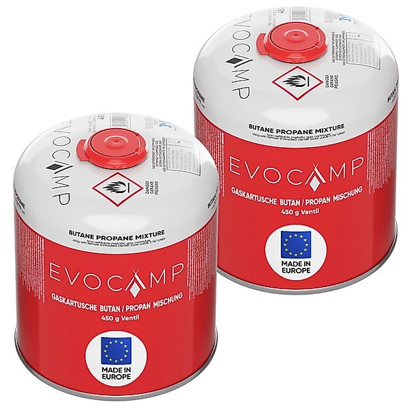 Evocamp Propan Butan 2 Stück Gaskartusche 450g Schraubkartusche Eurogewinde günstig online kaufen