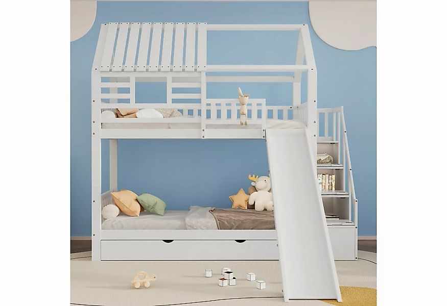 OKWISH Etagenbett Kinderbett mit Treppe und Rutsche, Hausbett, Treppe mit S günstig online kaufen