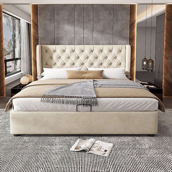 OKWISH Polsterbett Doppelbett Stauraumbett (Beige), Kiefernholz günstig online kaufen