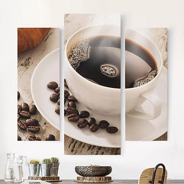 3-teiliges Leinwandbild Küche - Querformat Dampfende Kaffeetasse mit Kaffee günstig online kaufen