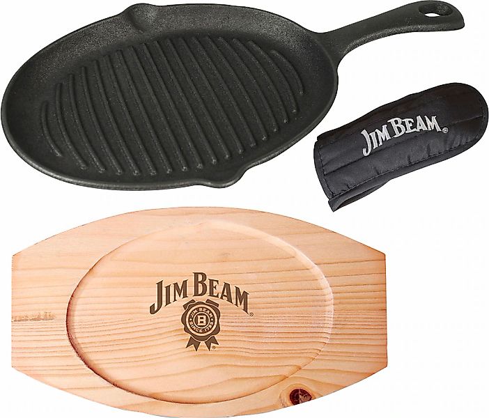 Jim Beam BBQ Grillpfanne Gusseisen Set, 3 Stk. tlg. inkl. Holzuntersetzer u günstig online kaufen