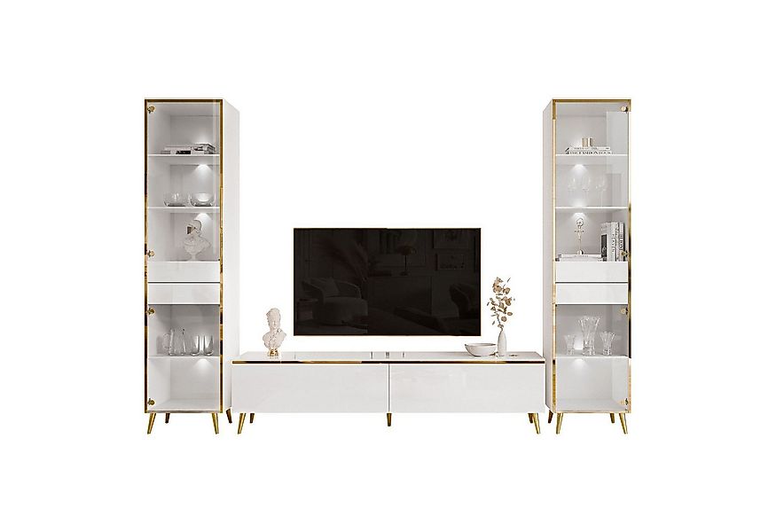ALLHOUSE24 Wohnzimmer-Set Möbelset PEONY GOLD mit LED weiß Hochglanz Glasvi günstig online kaufen