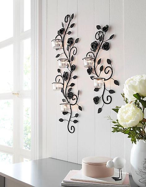Home affaire Wandkerzenhalter Blumenranke, schwarz (2er-Set), günstig online kaufen