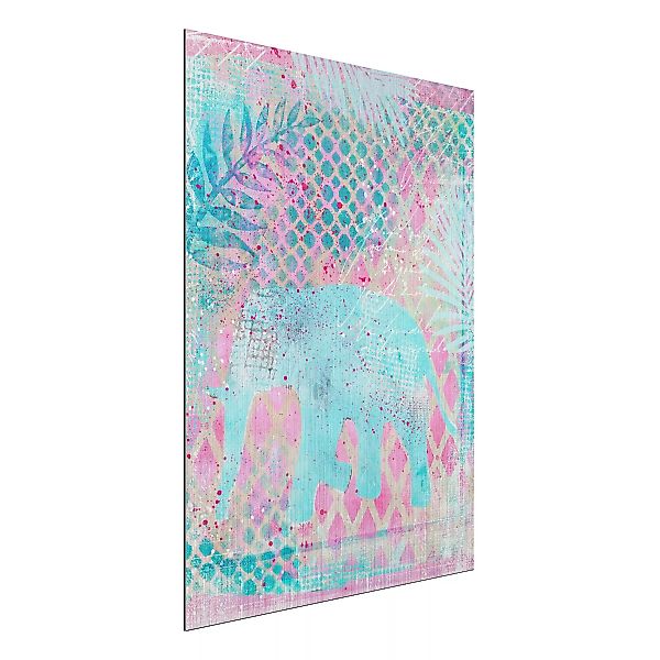 Alu-Dibond Bild Bunte Collage - Elefant in Blau und Rosa günstig online kaufen