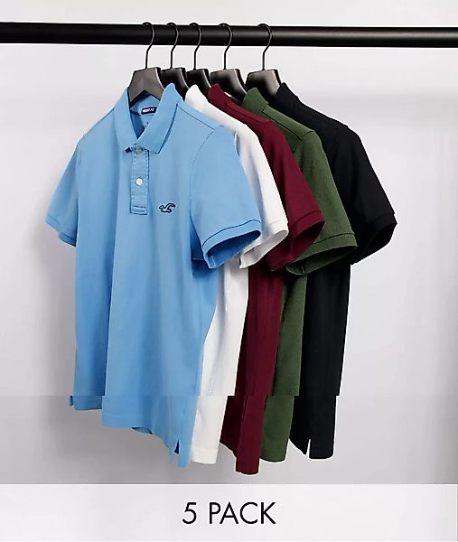 Hollister – 5er-Pack Pikee-Polohemden mit Logo in Weiß/Burgunderrot/Blau/Ol günstig online kaufen