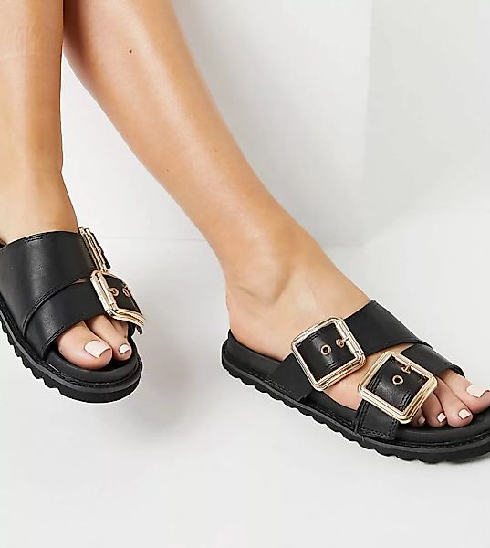Glamorous Wide Fit – Flache Sandalen mit dicker Sohle in Schwarz günstig online kaufen